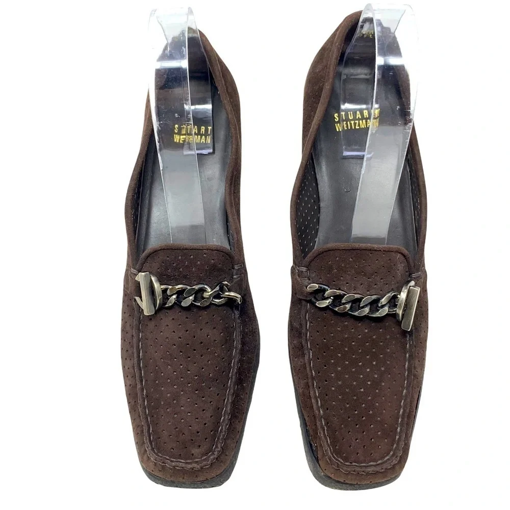 Stuart Weitzman Women’s Dark Brown Suede Chain Accent Slip On Loafers Size 9 N - Picture 2 of 12